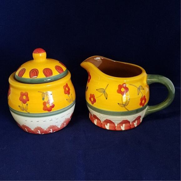 Hand Painted Folk Art Cream & Sugar Set - Garden Path Design - Made in Poland - Picture 2 of 5